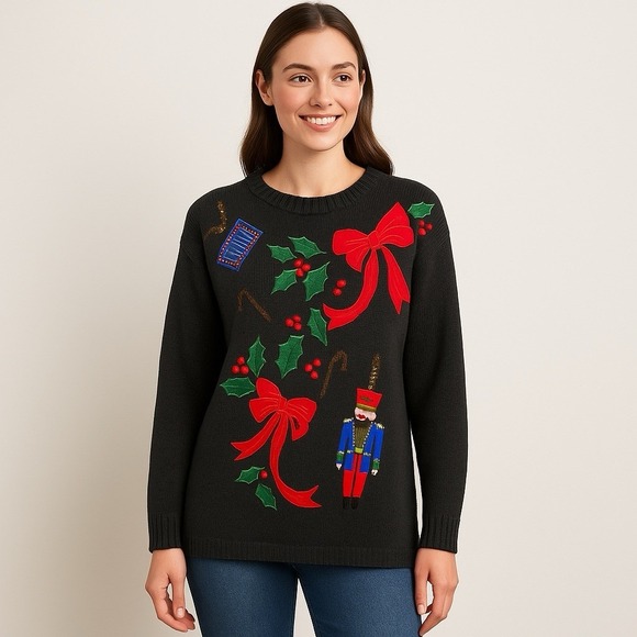 Vintage Lisa Int'l Christmas Nutcracker Holly Ugly Sweater Women's S Hong Kong‎ - Picture 1 of 16